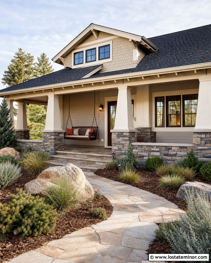 Sand House With Stone Porch And Swing - 30 Sand House Design With Swing Ideas