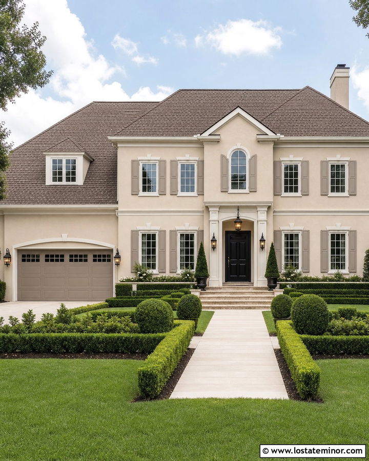 Sand House With Taupe Garage Door - 30 Sand House Design With Garage Door Ideas