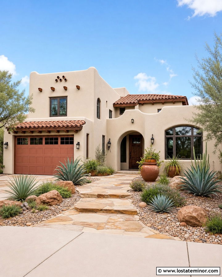 Sand House With Terracotta Garage Door - 30 Sand House Design With Garage Door Ideas