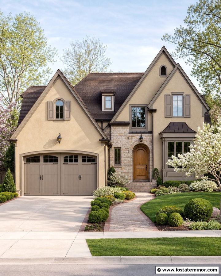 Sand House With Two Tone Garage Door - 30 Sand House Design With Garage Door Ideas