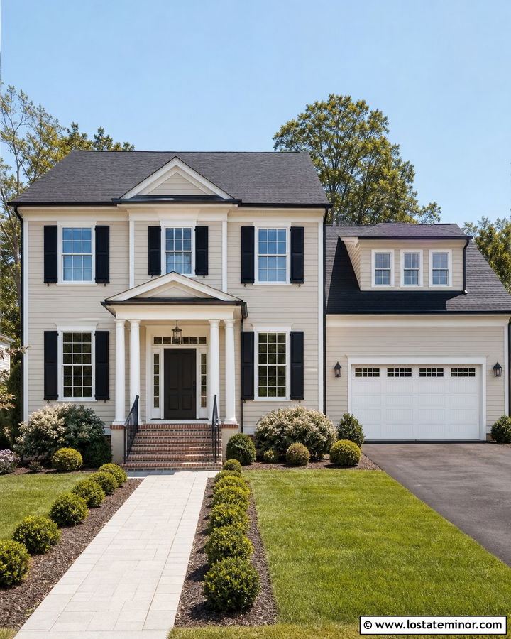 Sand House With White Garage Door And Black Trim - 30 Sand House Design With Garage Door Ideas