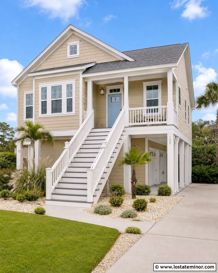 Sand House With White Railings And Steps - 30 Sand House Design With Steps Ideas