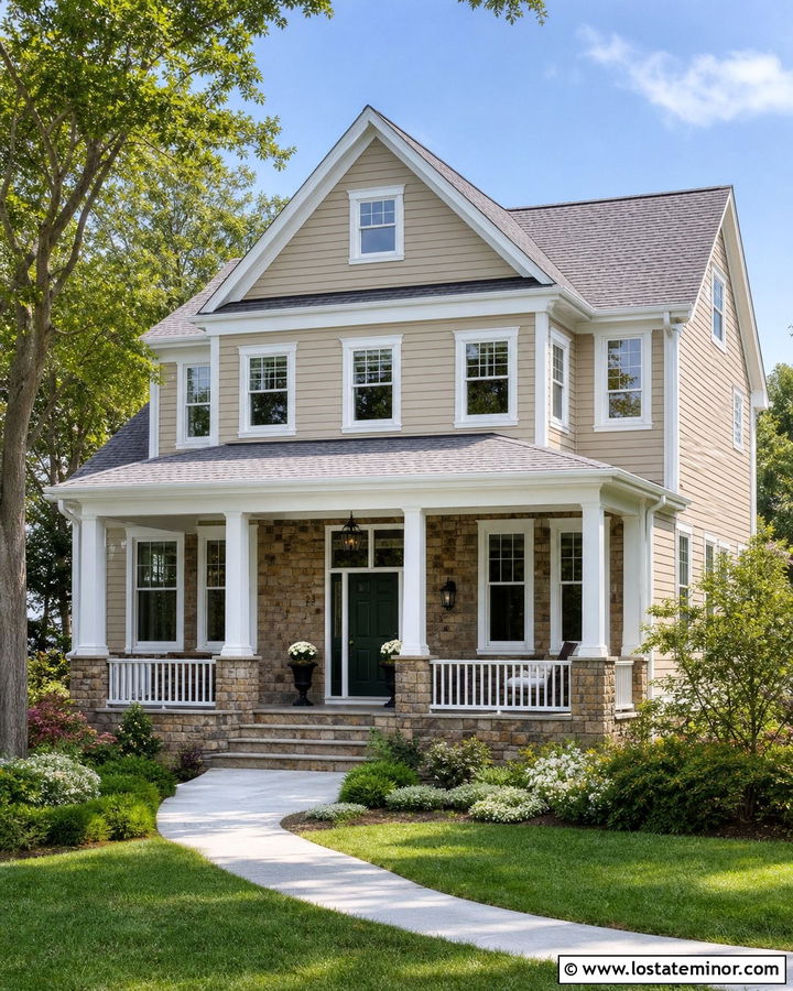 Sand House With White Trim And Fieldstone - 30 Sand House Design With Stone Accents Ideas