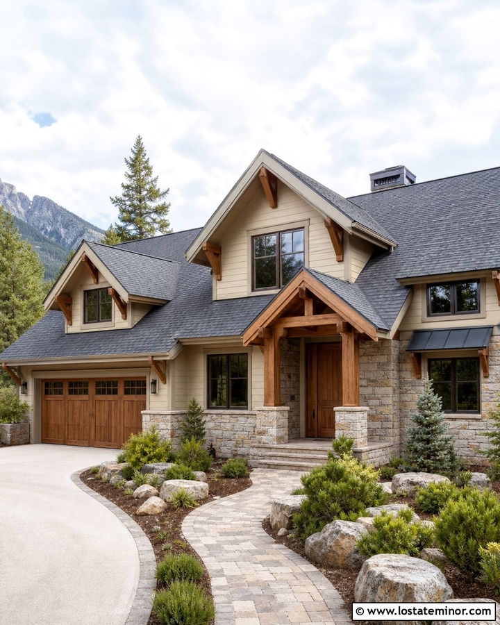 Sand House With Wood Garage Door And Stone Accent - 30 Sand House Design With Garage Door Ideas