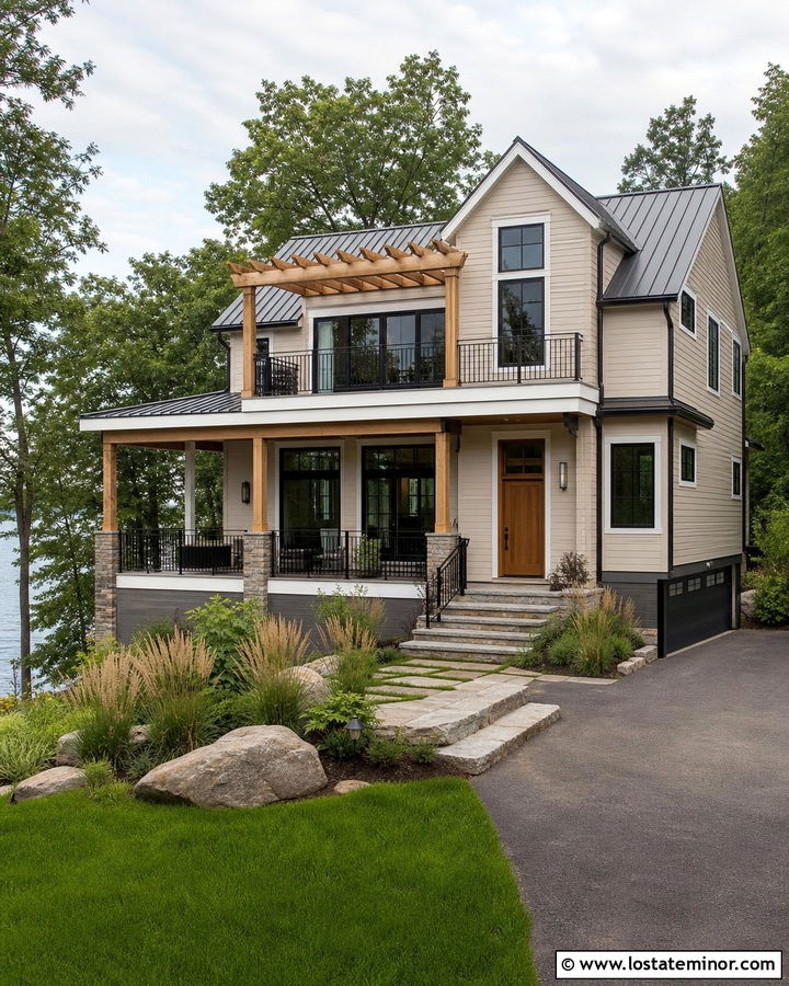 Sand Lake House With Pergola Balcony - 30 Sand House Design With Pergola Ideas