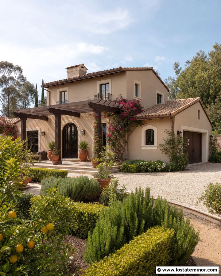 Sand Mediterranean House With Arched Pergola - 30 Sand House Design With Pergola Ideas