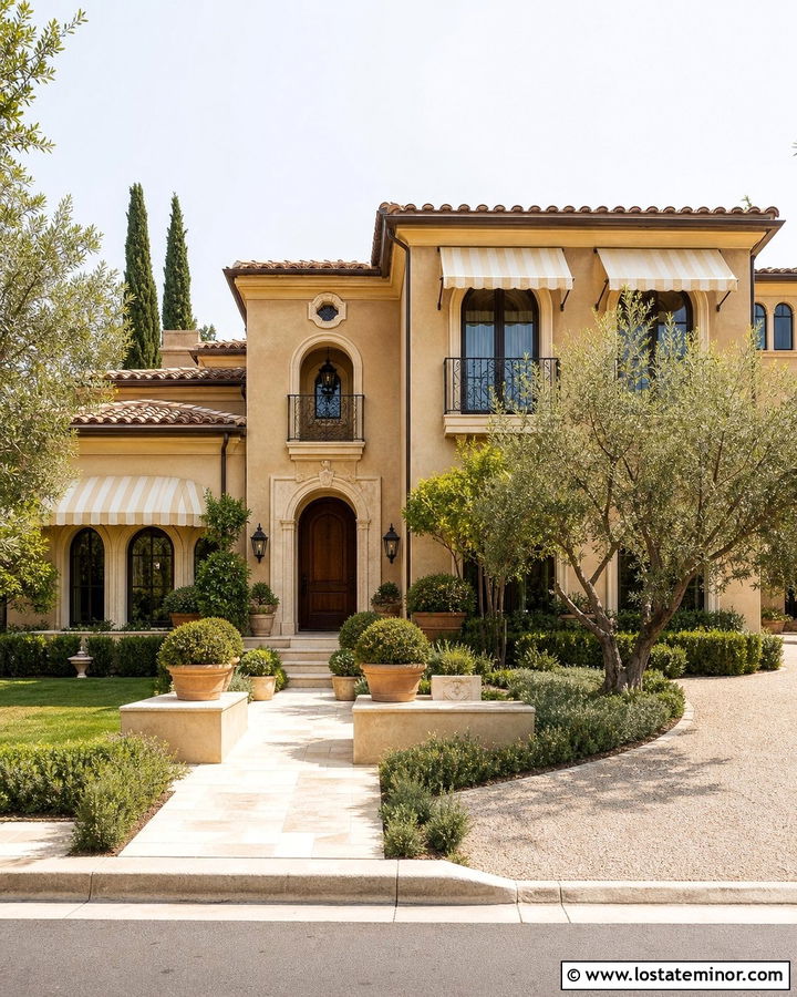 Sand Mediterranean House With Cream Striped Awnings - 30 Sand House Design With Awning Ideas