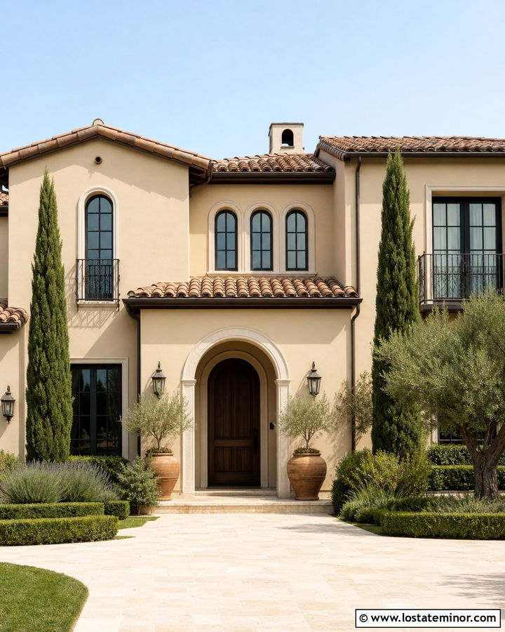 Sand Mediterranean House With Cypress Trees - 30 Sand House Design With Landscaping Ideas