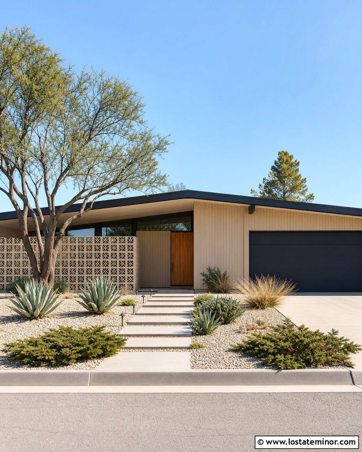 Sand Mid Century Modern House With Gravel Yard - 30 Sand House Design With Front Yard Ideas