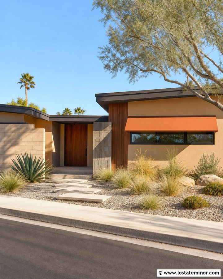 Sand Midcentury House With Orange Awnings - 30 Sand House Design With Awning Ideas