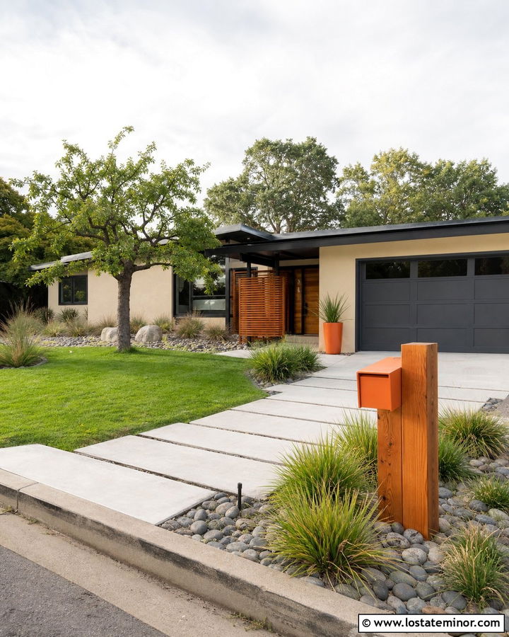 Sand Midcentury House With Orange Mailbox - 30 Sand House Design With Mailbox Ideas