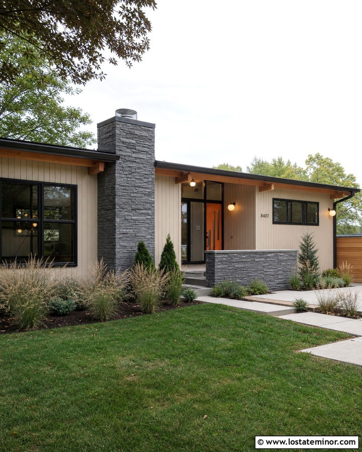 Sand Midcentury House With Slate Stone - 30 Sand House Design With Stone Accents Ideas