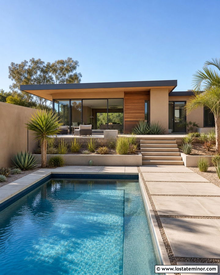 Sand Midcentury House With Sunken Pool Patio - 30 Sand House Design With Swimming Pool Ideas