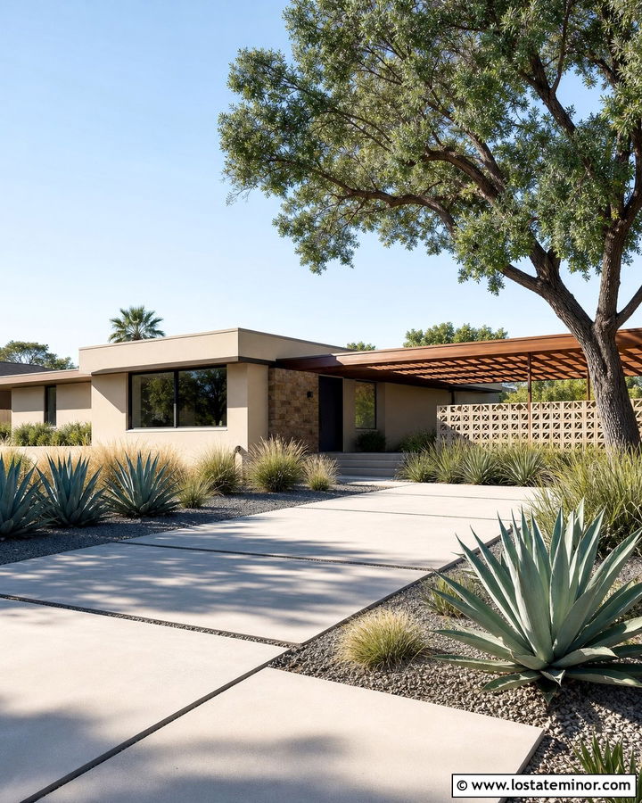 Sand Midcentury Modern House With Slatted Pergola - 30 Sand House Design With Pergola Ideas