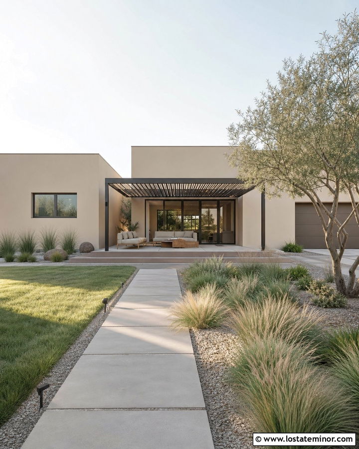 Sand Minimalist House With Louvered Pergola - 30 Sand House Design With Pergola Ideas