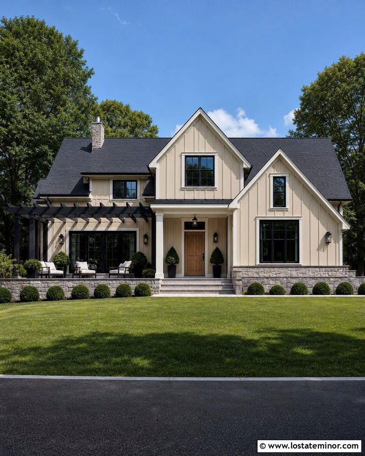 Sand Modern Farmhouse With Black Pergola - 30 Sand House Design With Pergola Ideas