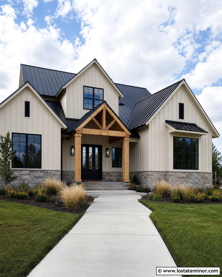 Sand Modern Farmhouse With Black Portico - 30 Sand House Design With Portico Ideas