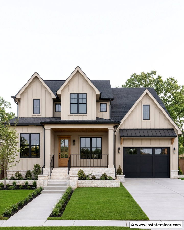 Sand Modern Farmhouse With Black Windows - 30 Sand House Design With Accents Ideas