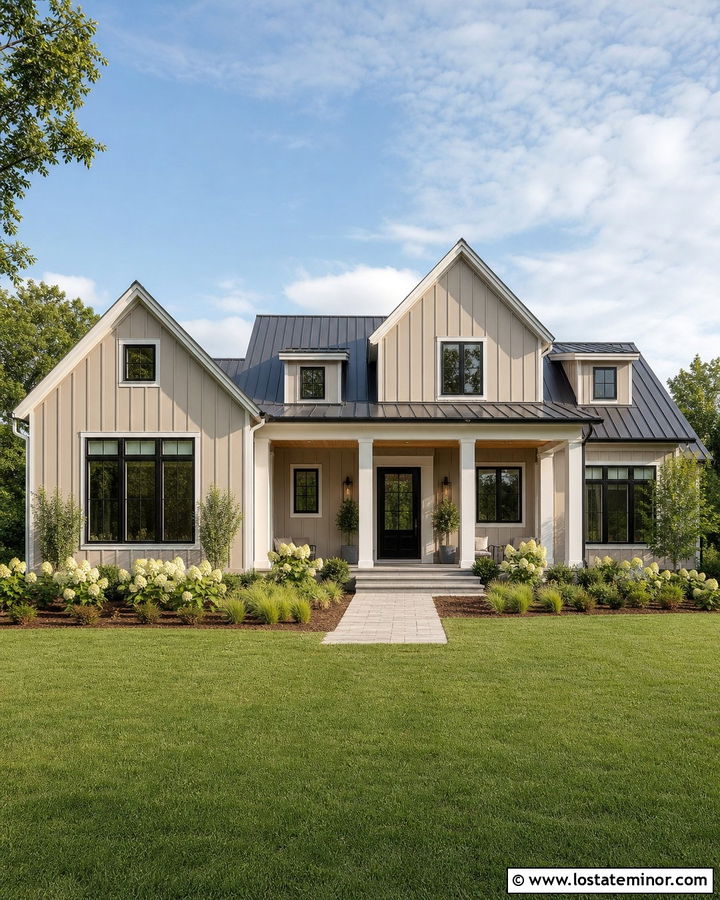 Sand Modern Farmhouse With White Square Porch Columns - 30 Sand House Design With Porch Columns Ideas