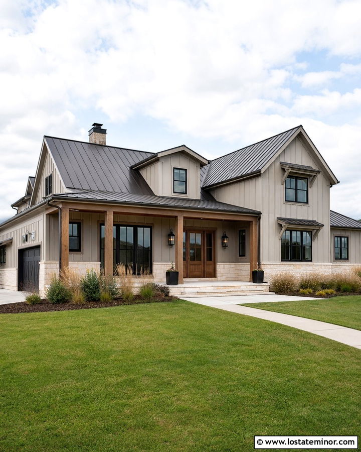 Sand Modern Farmhouse With Wood Porch Beams - 30 Sand House Design With Front Porch Ideas