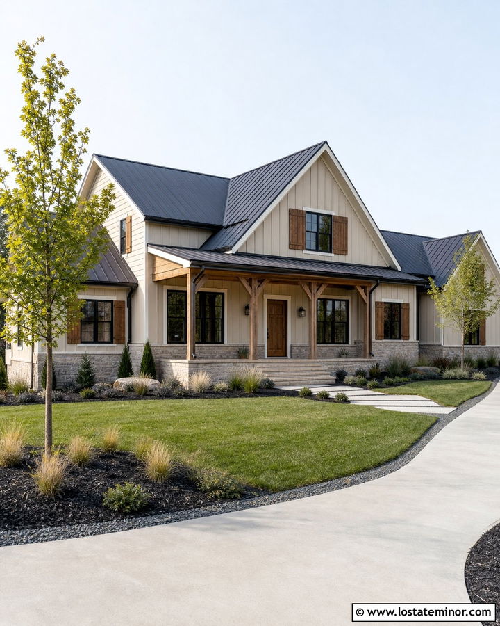 Sand Modern Farmhouse With Wood Shutters - 30 Sand House Design With Shutters Ideas