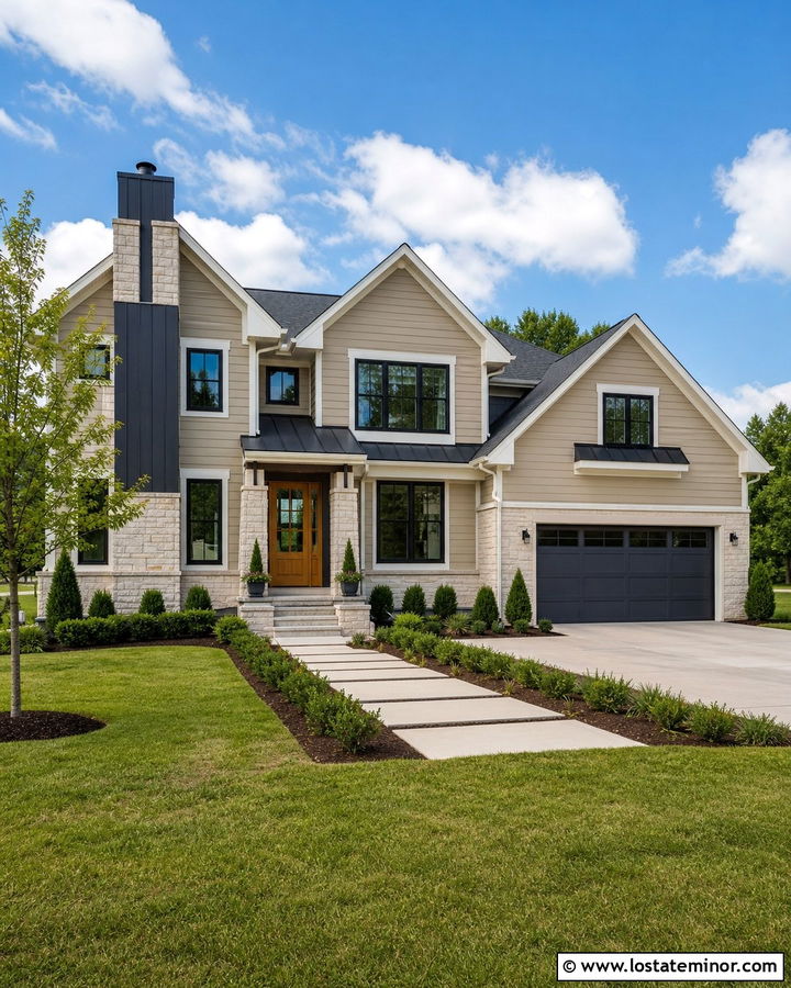 Sand New Construction House With Mixed Material Chimney - 30 Sand House Design With Chimney Ideas