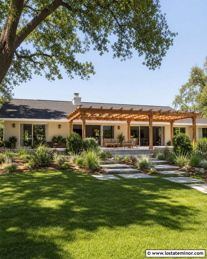 Sand Ranch House With Attached Pergola - 30 Sand House Design With Pergola Ideas