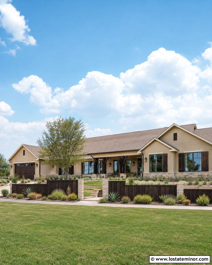 Sand Ranch House With Dark Wood Fence - 30 Sand House Design With Fence Ideas