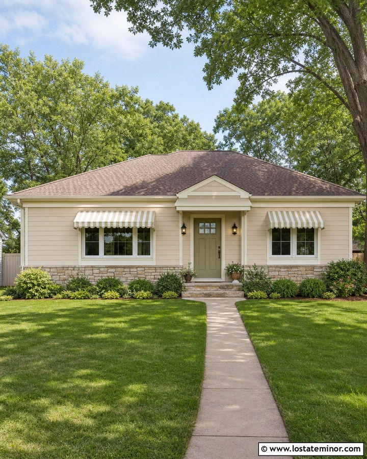 Sand Ranch House With Striped Awnings - 30 Sand House Design With Awning Ideas