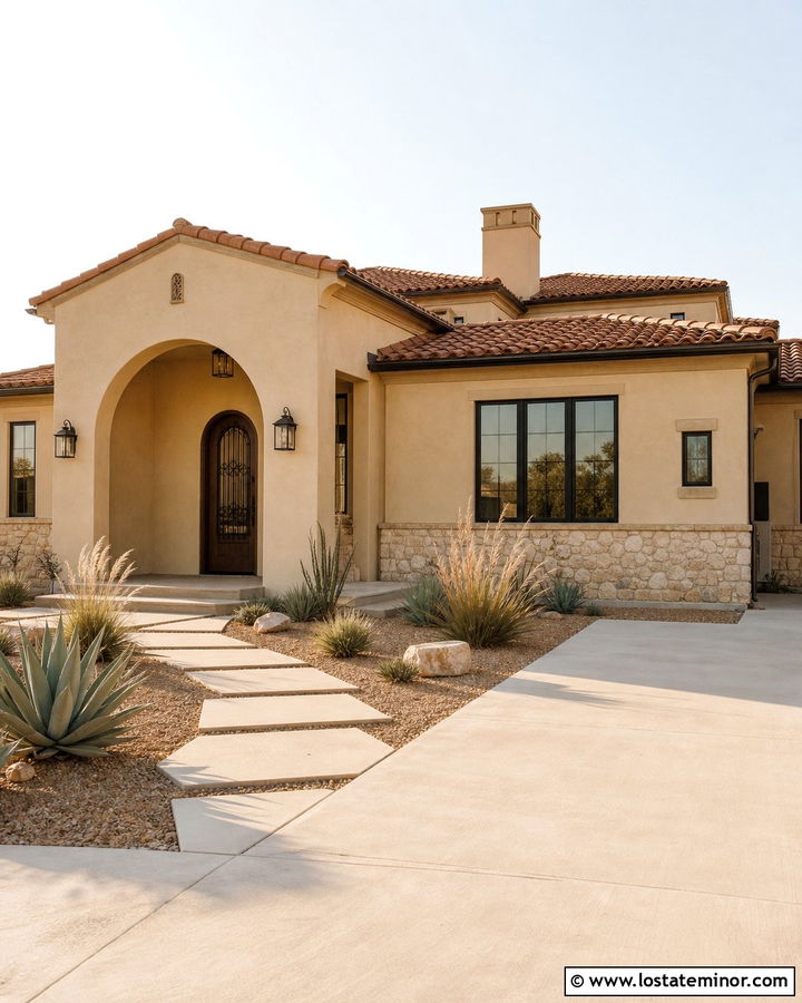 Sand Siding With Arched Porch - 30 Sand House Design With Siding Ideas
