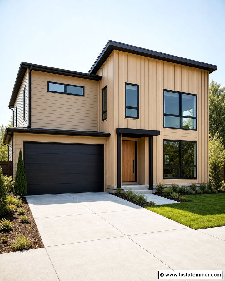 Sand Siding With Black Garage Door - 30 Sand House Design With Siding Ideas