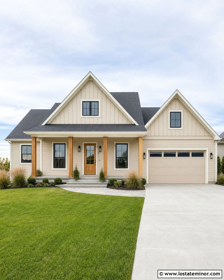 Sand Siding With Black Windows And Cedar Door - 30 Sand House Design With Siding Ideas