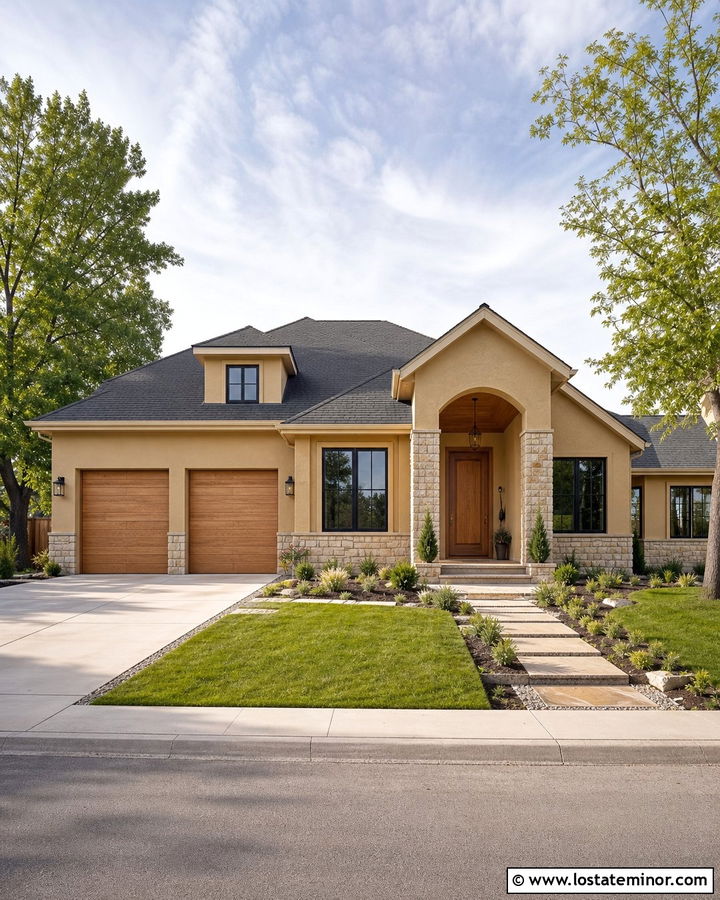 Sand Siding With Cedar Garage Doors - 30 Sand House Design With Siding Ideas