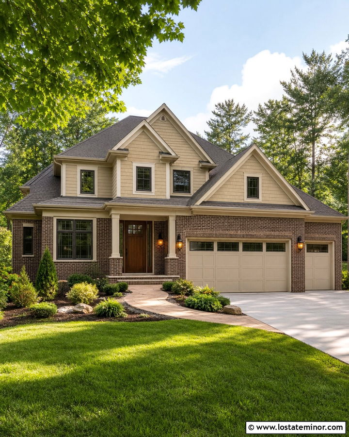 Sand Siding With Dark Brick Accents - 30 Sand House Design With Siding Ideas