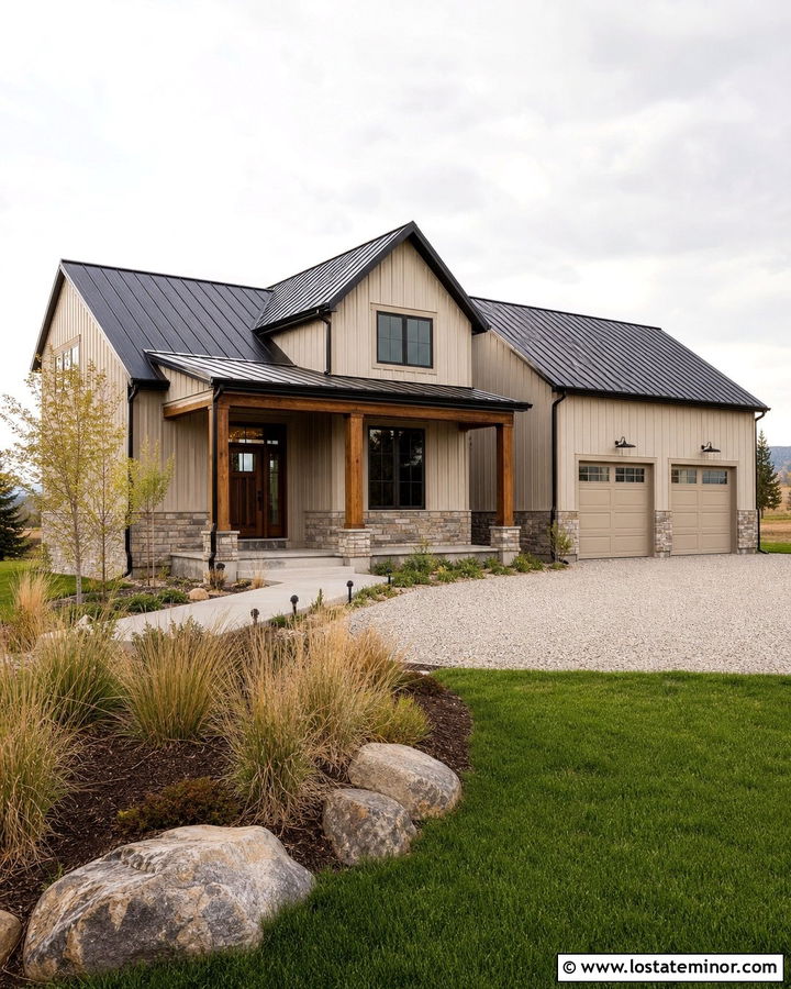Sand Siding With Dark Metal Roof - 30 Sand House Design With Siding Ideas