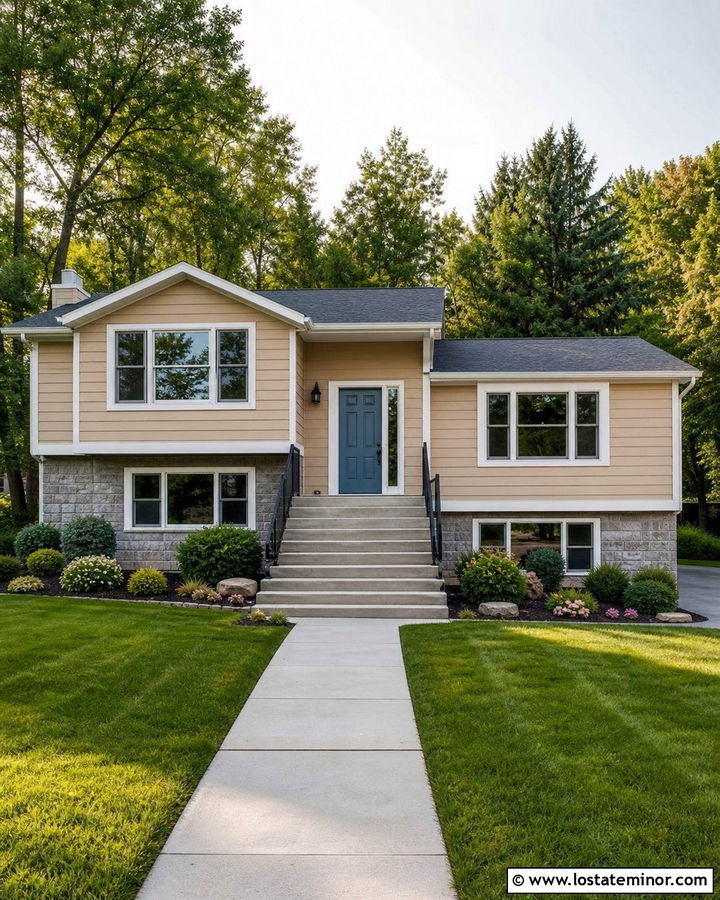 Sand Siding With Dusty Blue Front Door - 30 Sand House Design With Siding Ideas