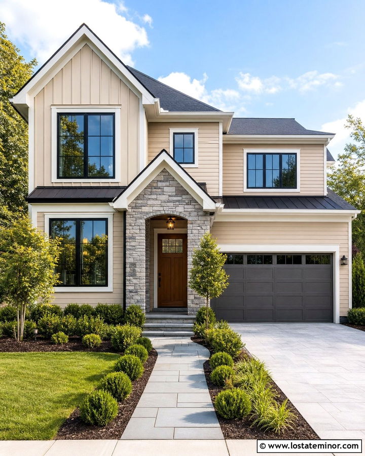 Sand Siding With Gray Stone Entry - 30 Sand House Design With Siding Ideas