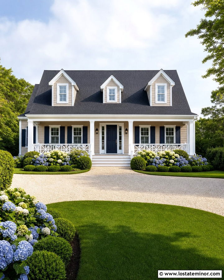 Sand Siding With Navy Blue Shutters - 30 Sand House Design With Siding Ideas