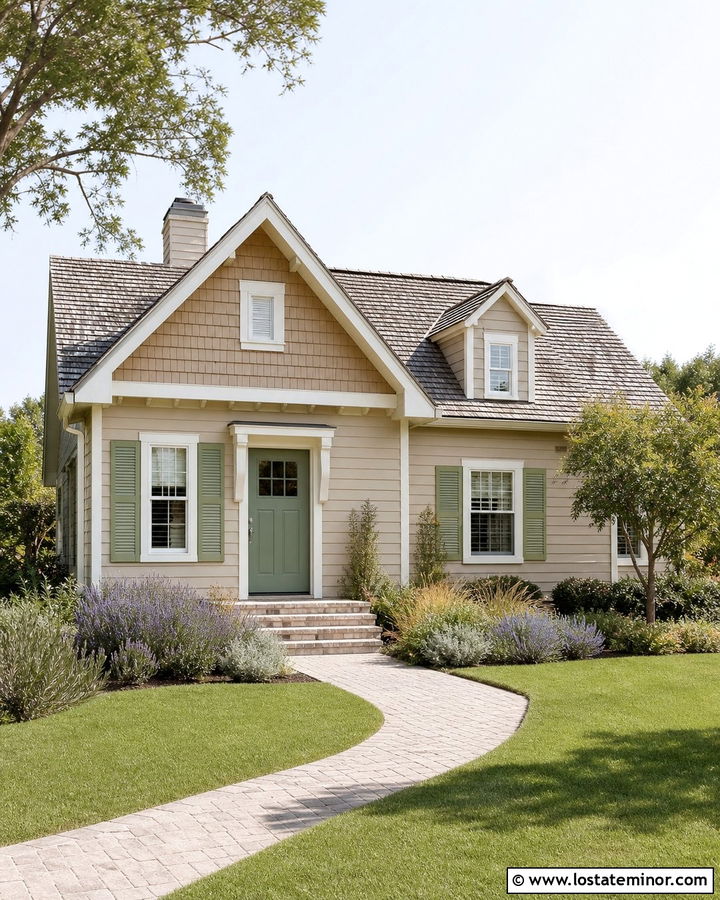 Sand Siding With Sage Green Front Door - 30 Sand House Design With Siding Ideas