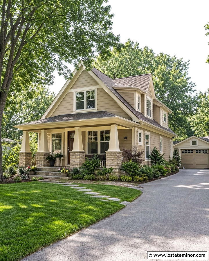 Sand Siding With Stone Porch Columns - 30 Sand House Design With Siding Ideas