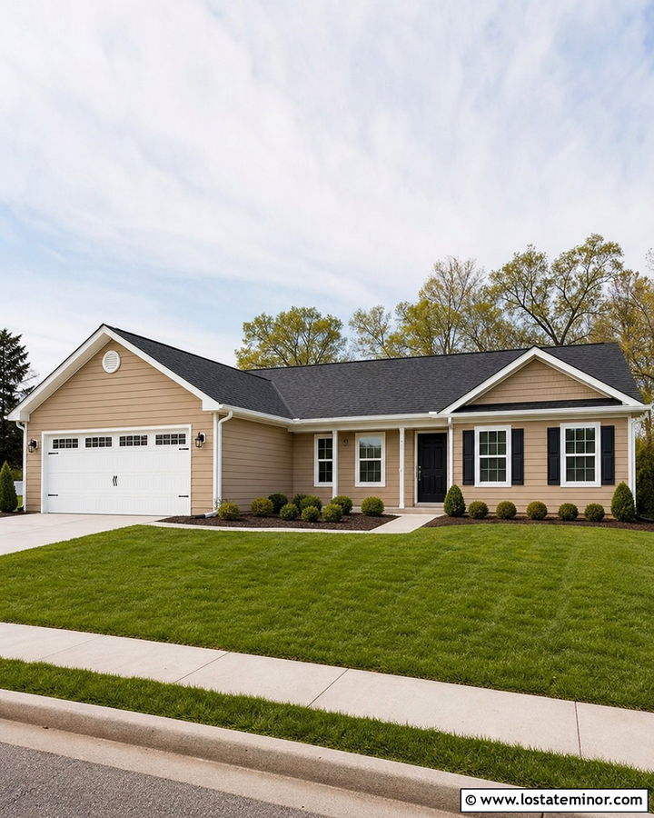 Sand Siding With White Trim And Black Front Door - 30 Sand House Design With Siding Ideas