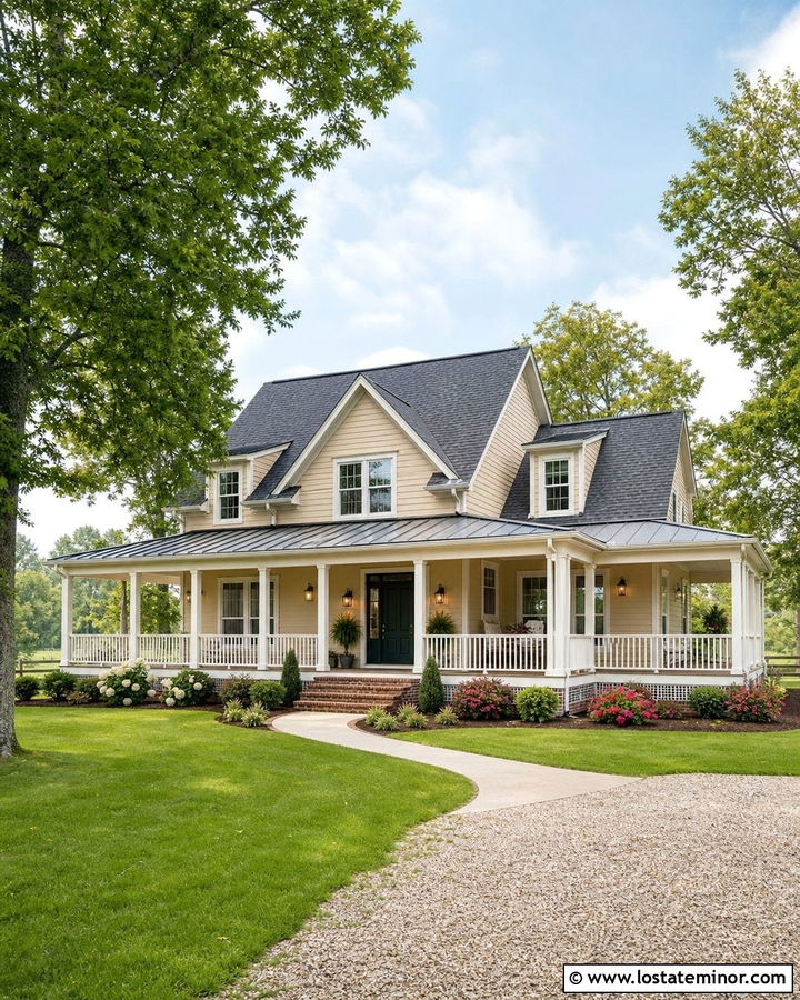 Sand Siding With White Wraparound Porch - 30 Sand House Design With Siding Ideas