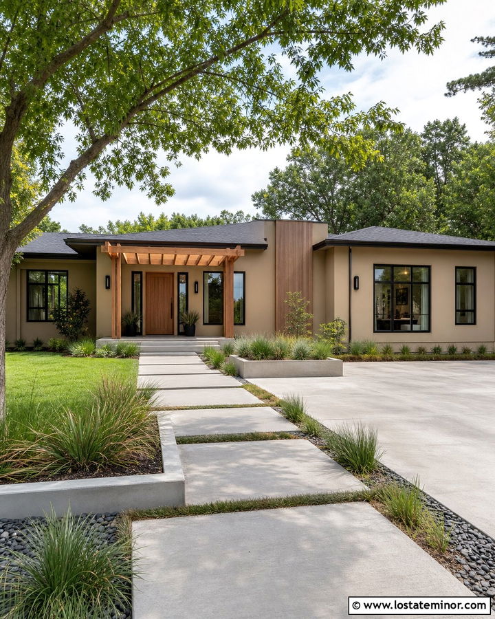 Sand Siding With Wood Pergola - 30 Sand House Design With Siding Ideas