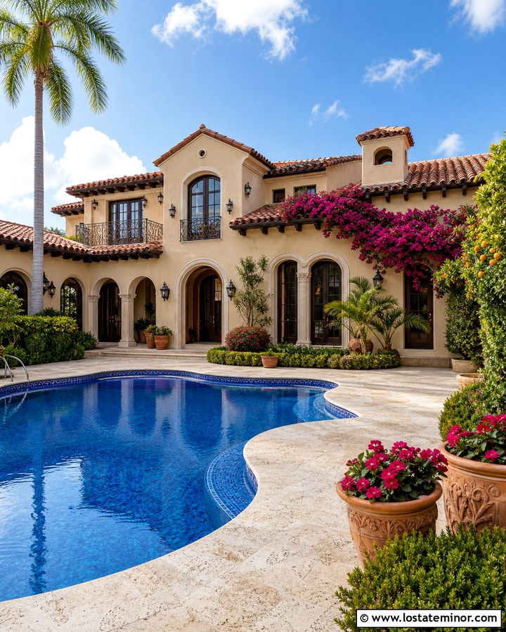 Sand Spanish House With Blue Tile Pool - 30 Sand House Design With Swimming Pool Ideas