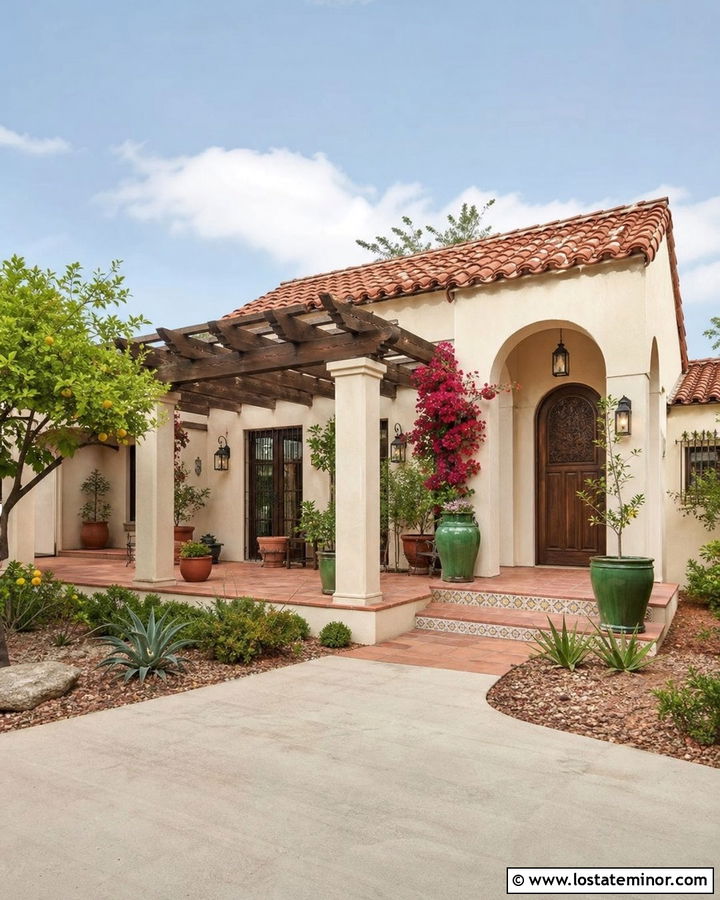 Sand Spanish House With Terracotta Pergola Patio - 30 Sand House Design With Pergola Ideas