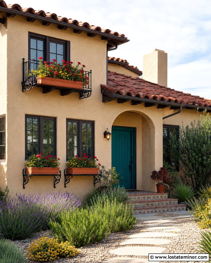 Sand Spanish House With Terracotta Window Boxes - 30 Sand House Design With Window Boxes Ideas