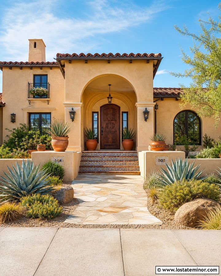 Sand Spanish House With Tile Roof Portico - 30 Sand House Design With Portico Ideas