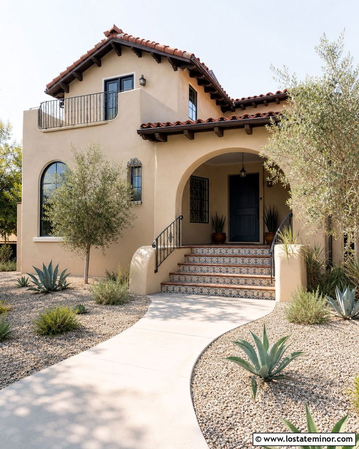 Sand Spanish House With Tiled Front Porch - 30 Sand House Design With Front Porch Ideas