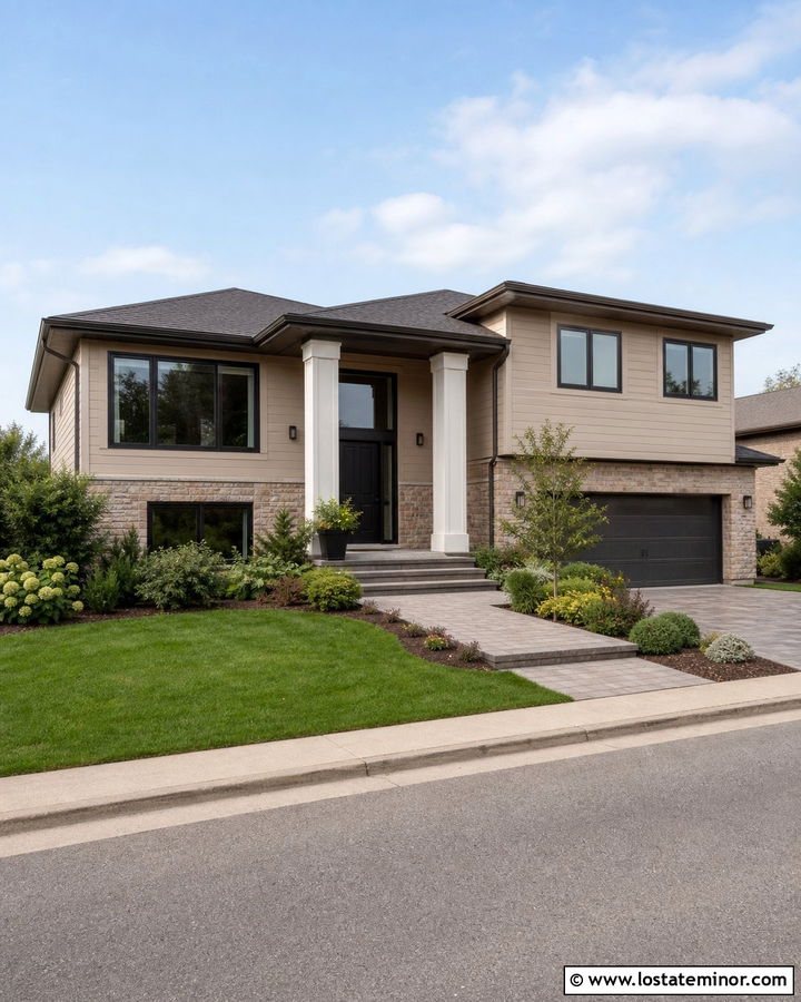 Sand Split Level House With Portico Columns - 30 Sand House Design With Porch Columns Ideas