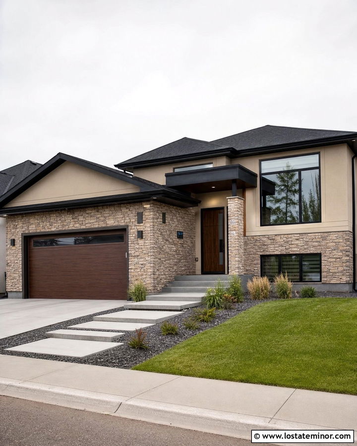 Sand Split Level House With Stacked Stone Garage - 30 Sand House Design With Stone Accents Ideas